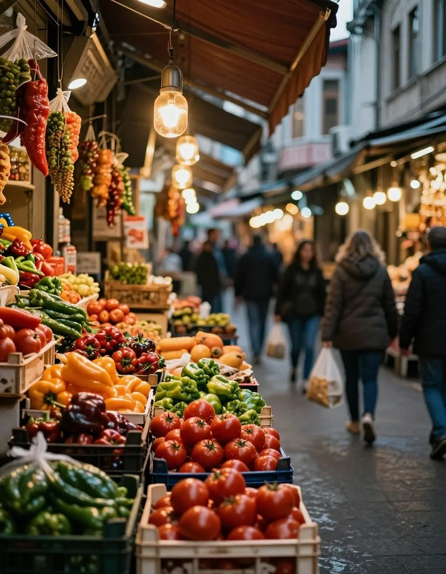 Akşam pazarında tezgahlar ve el yazısı fiyat etiketleri