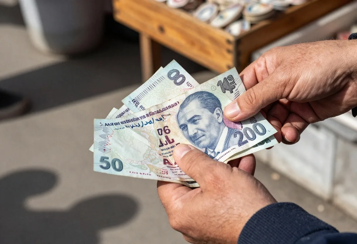 Pazar tezgahında elden ele banknot değişimi